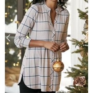 Soft Surroundings Womens Calais Pleated Button Up Tunic Soft Pink Plaid Size M